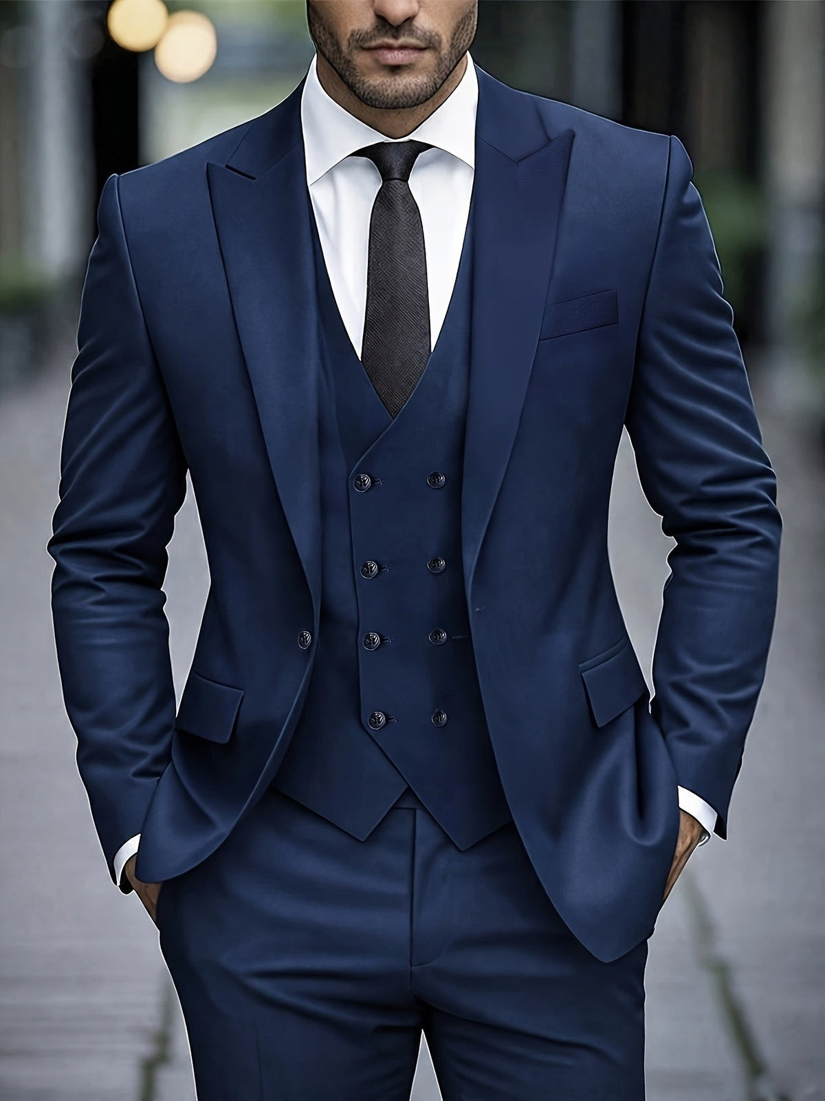 Navy three-piece suit with double-breasted waistcoat and peak lapel blazer