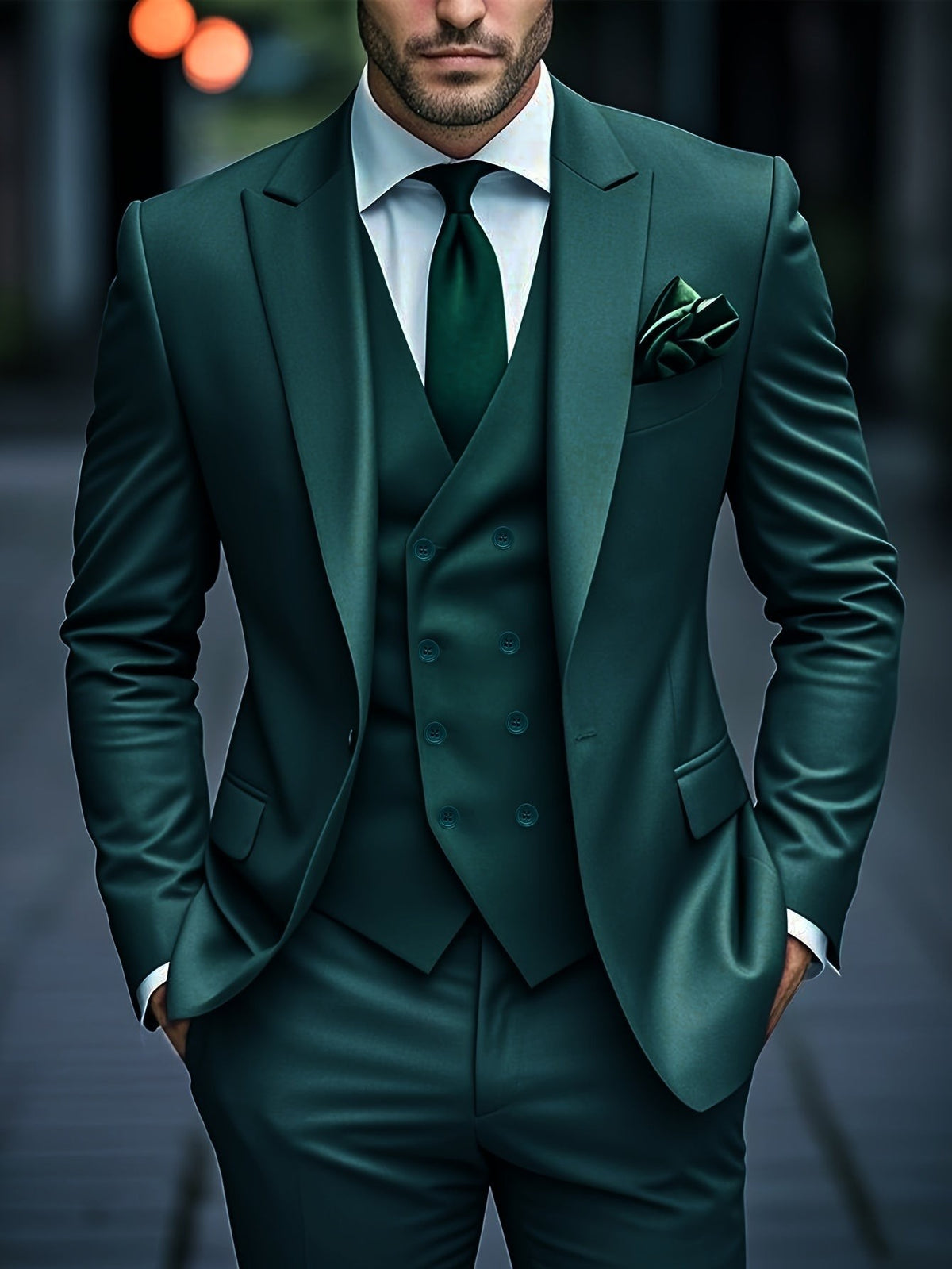 Emerald green satin-finish three-piece suit with double-breasted waistcoat