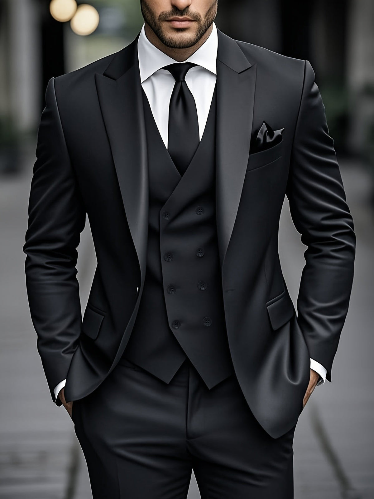 Black three-piece suit with satin peak lapels and double-breasted waistcoat