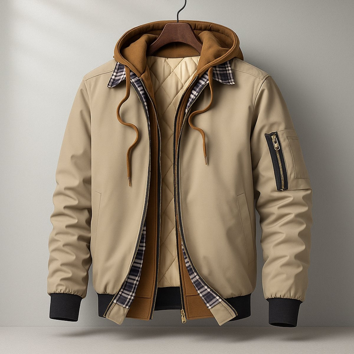 Beige hooded bomber jacket with detachable hood and tartan trim detail