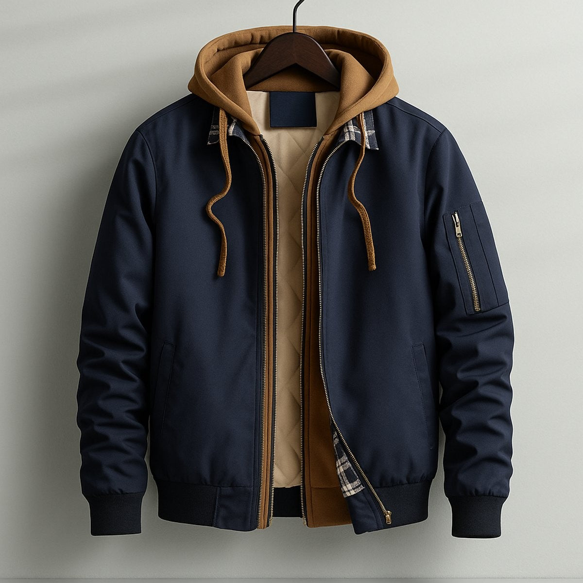Navy hooded bomber jacket featuring contrast tan hood and quilted lining