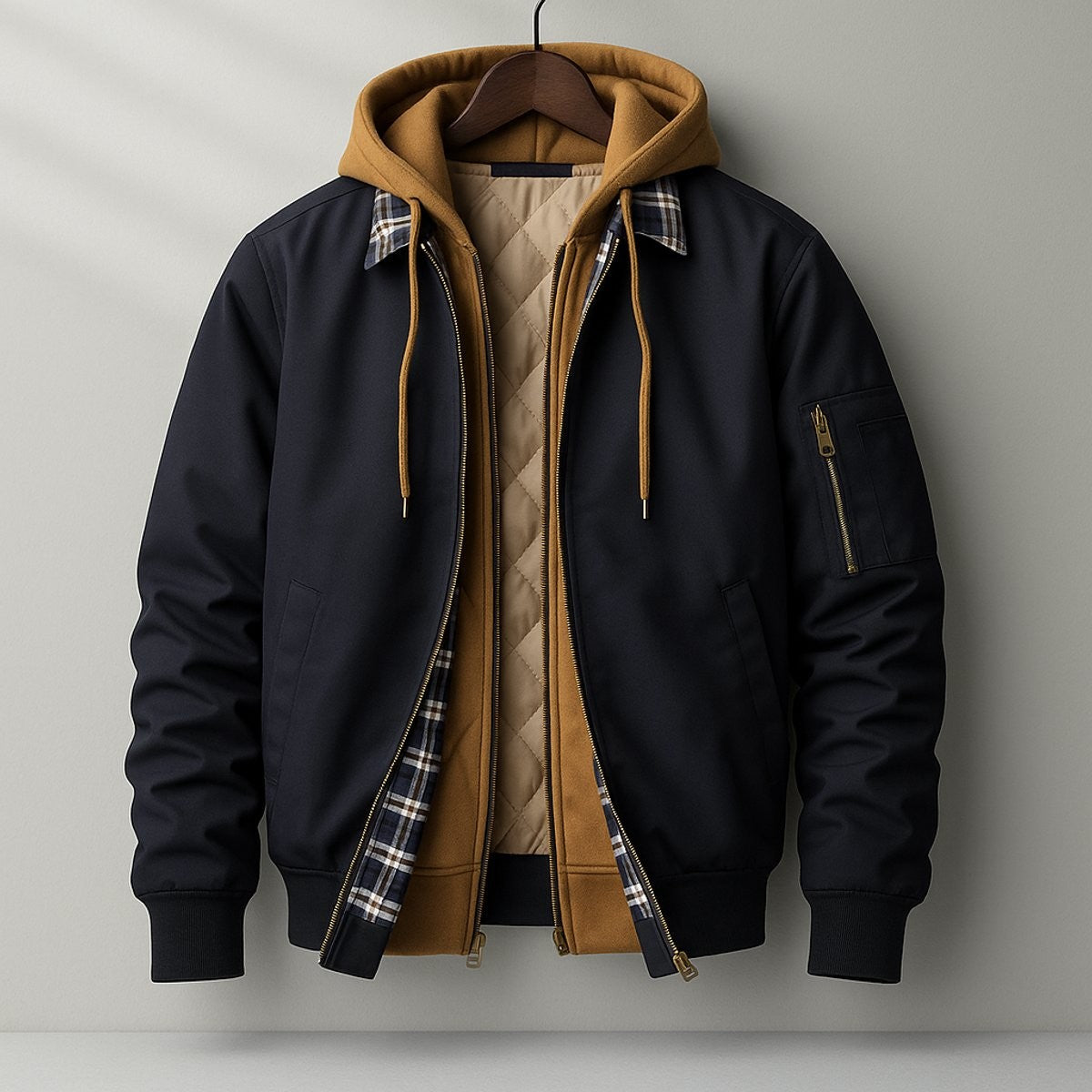 Navy waterproof bomber jacket with tan hood hanging against grey backdrop