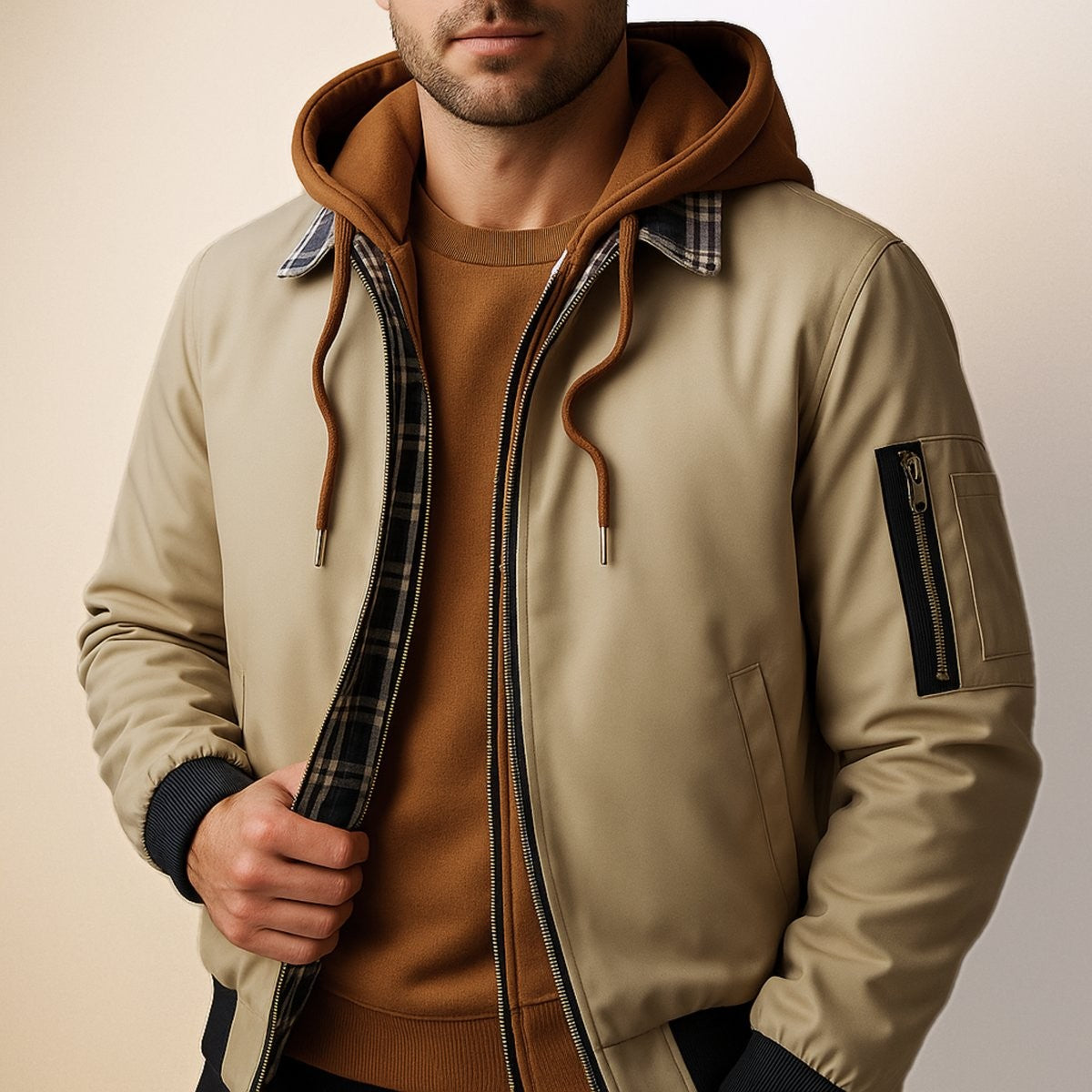 Man wearing beige hooded bomber jacket with tartan collar and zip sleeve pocket
