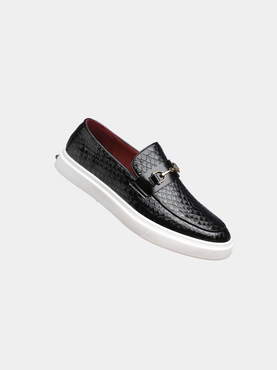 Black croc-embossed leather loafers with gold snaffle bit and white sole