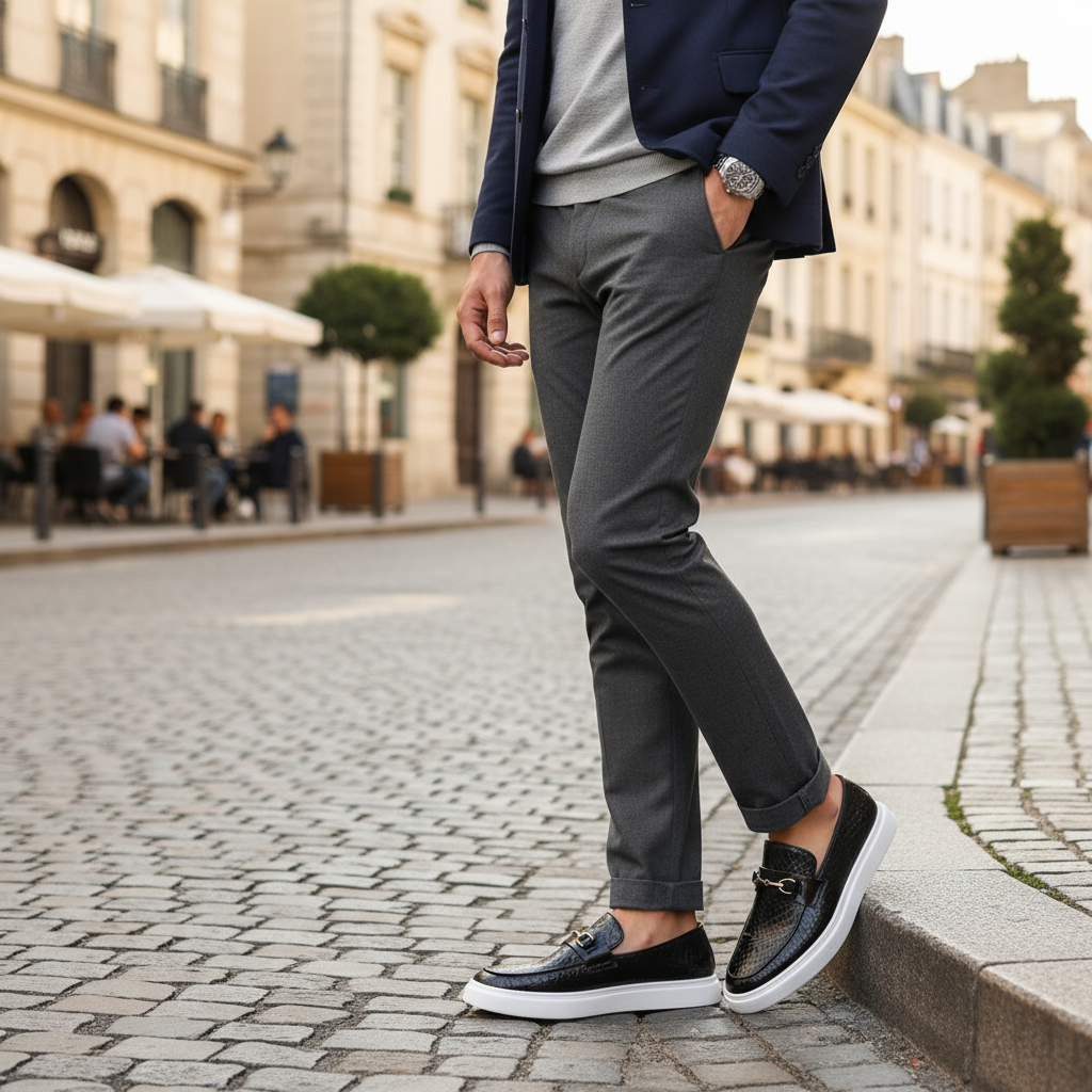 Man crossing cobbled street wearing black embossed loafers with grey trousers