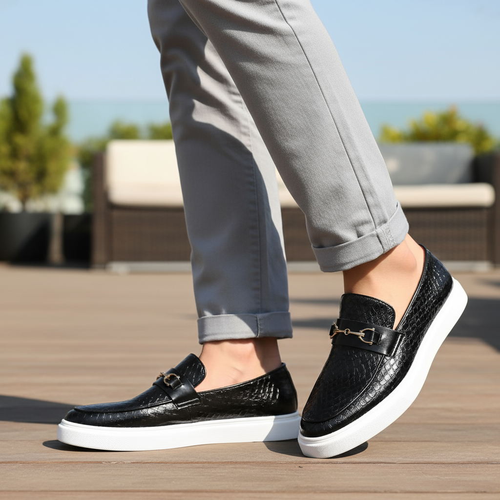 Close-up of black textured loafers worn with rolled grey trousers outdoors