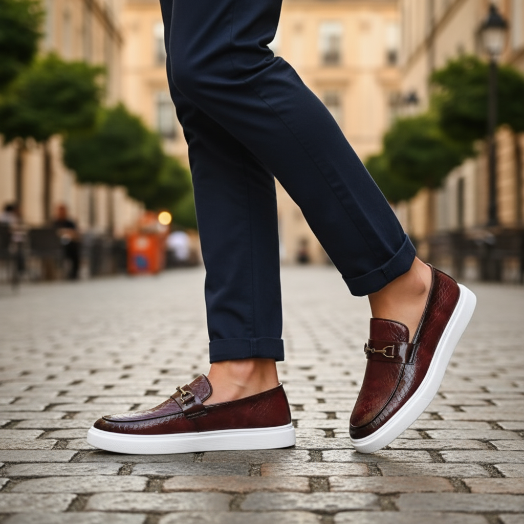 Man striding in burgundy embossed leather loafers with navy trousers