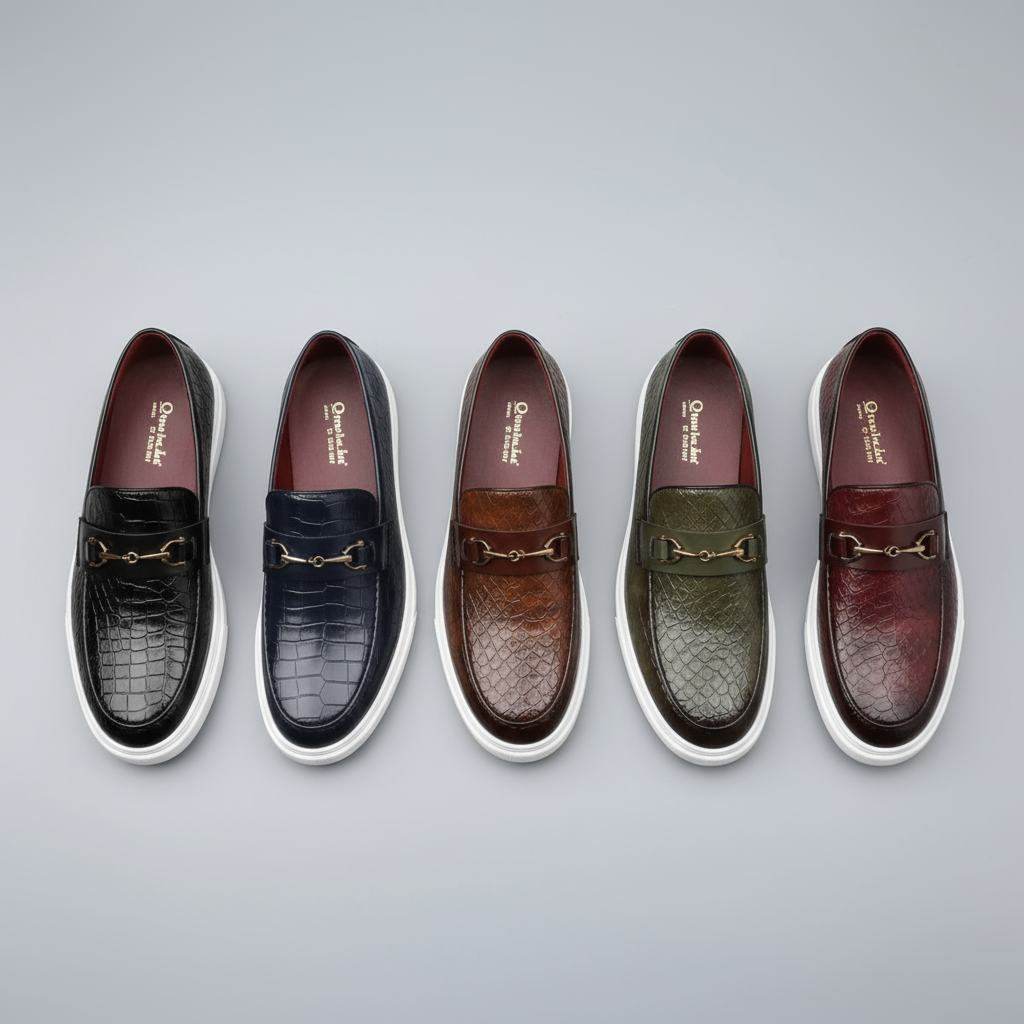 Five colourways of embossed leather loafers with gold buckles displayed together