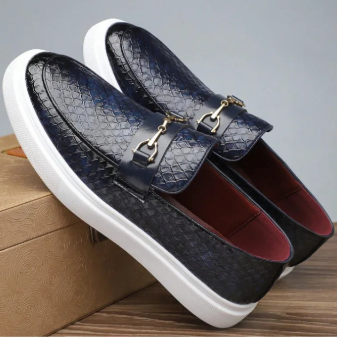 Navy croc-effect leather loafers with gold hardware and white sole