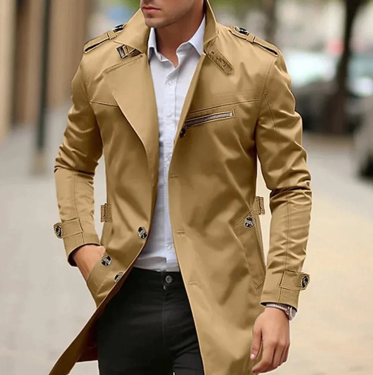 Camel trench coat showcasing zip pocket detail and buttoned cuffs