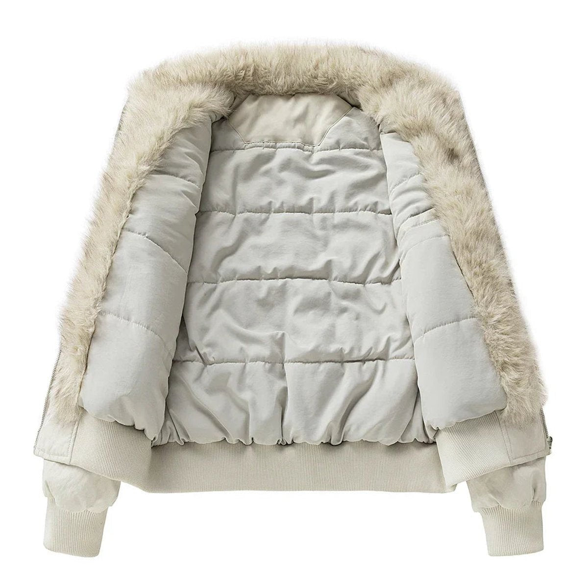 Cream bomber jacket interior view showing quilted lining and fur hood