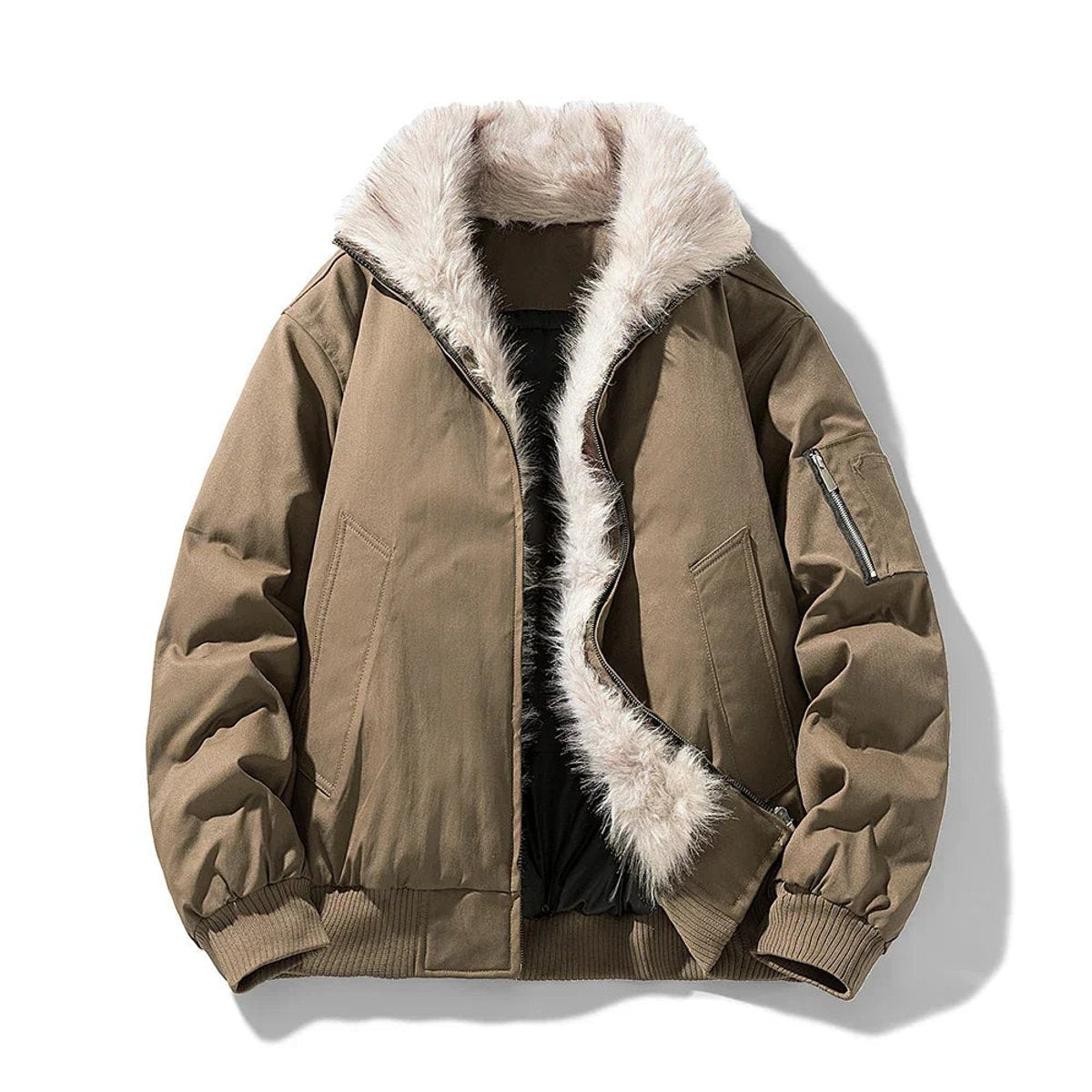 Khaki faux fur-lined bomber jacket displayed flat with hood unzipped