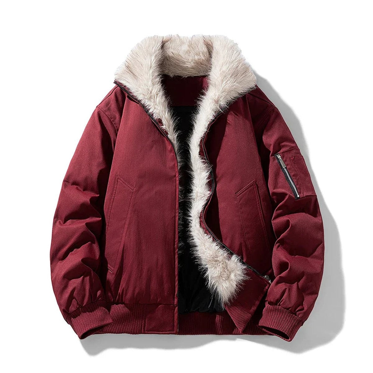 Burgundy bomber jacket with cream faux fur trim and hooded collar