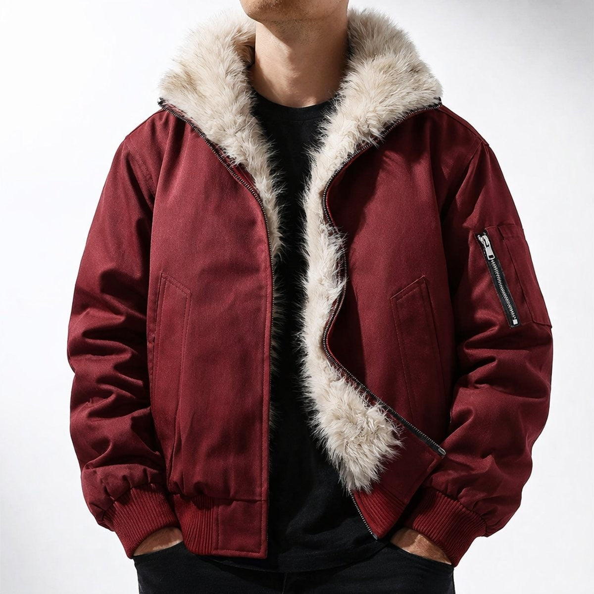 Man modelling burgundy bomber jacket with fluffy faux fur-lined hood