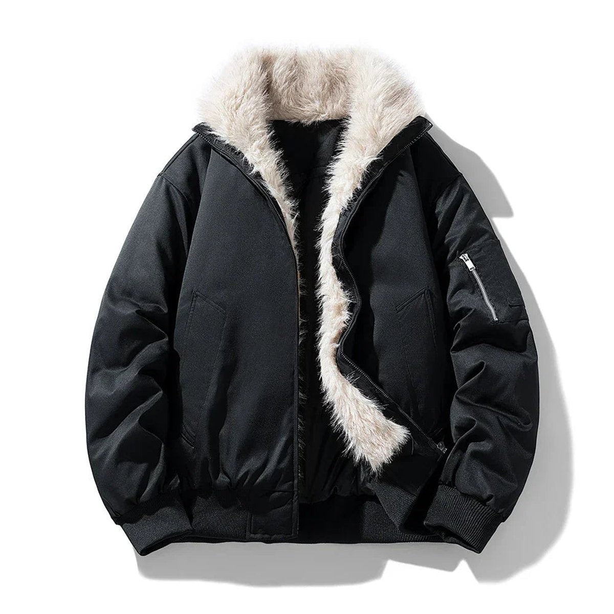 Black bomber jacket featuring cream faux fur-lined hood and zip cuffs