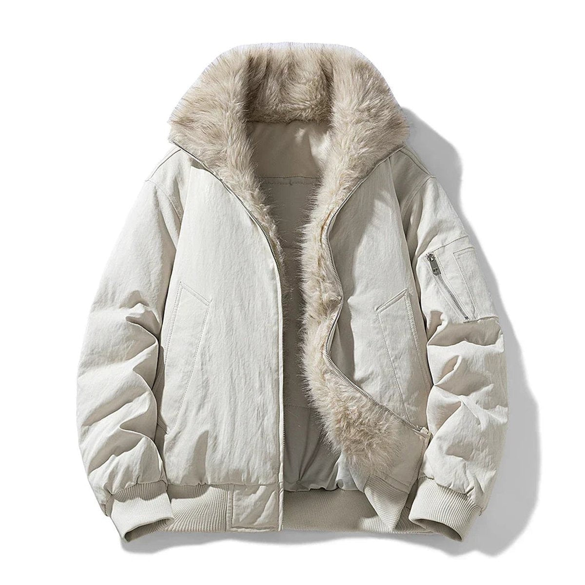 Cream bomber jacket with beige faux fur-lined hood laid flat