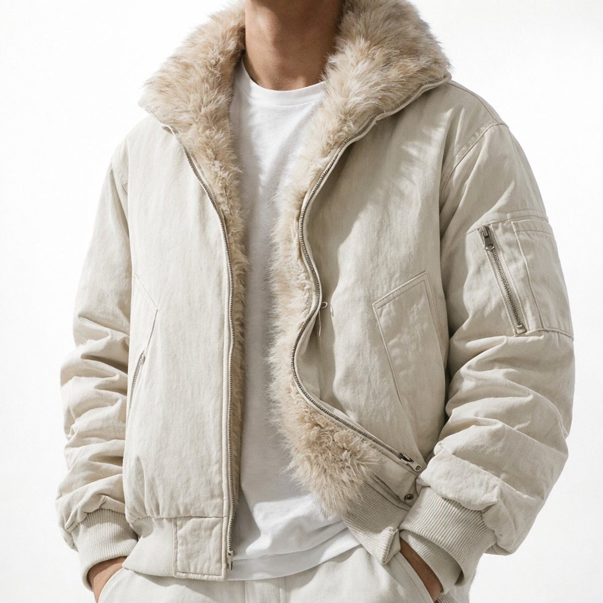 Man in cream bomber jacket showing faux fur-lined collar detail