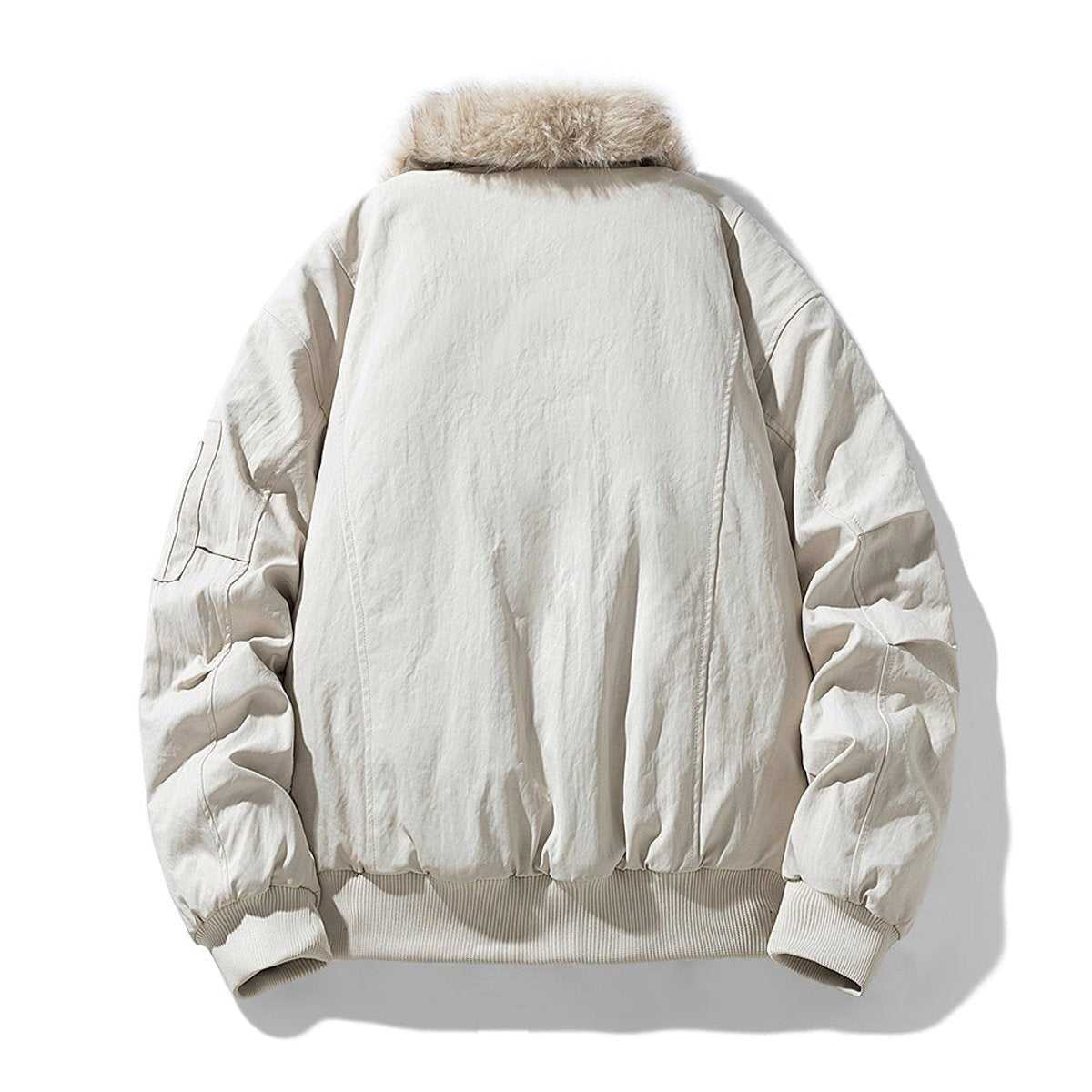 Cream bomber jacket rear view highlighting quilted back and fur collar