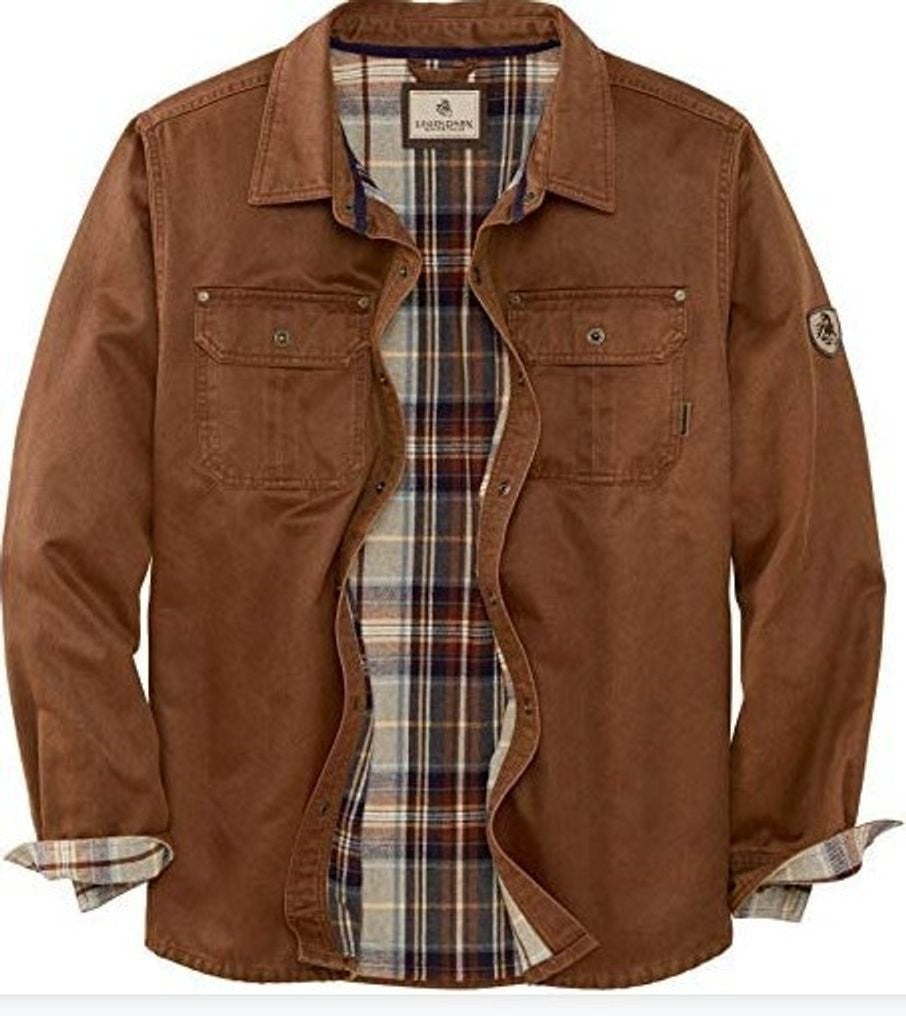 Rust brown waxed cotton trucker jacket with checked flannel lining and chest pockets