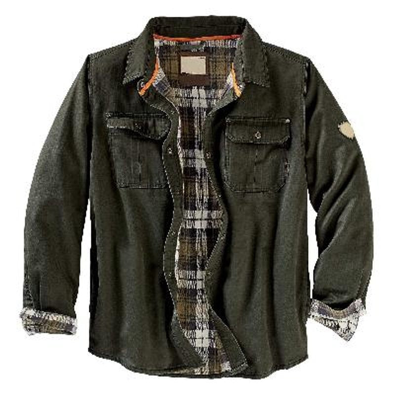Olive green waxed cotton flannel-lined trucker jacket with buttoned twin chest pockets
