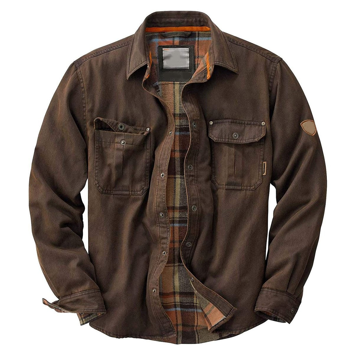Dark brown waxed cotton trucker jacket showing tartan flannel lining and press-stud cuffs