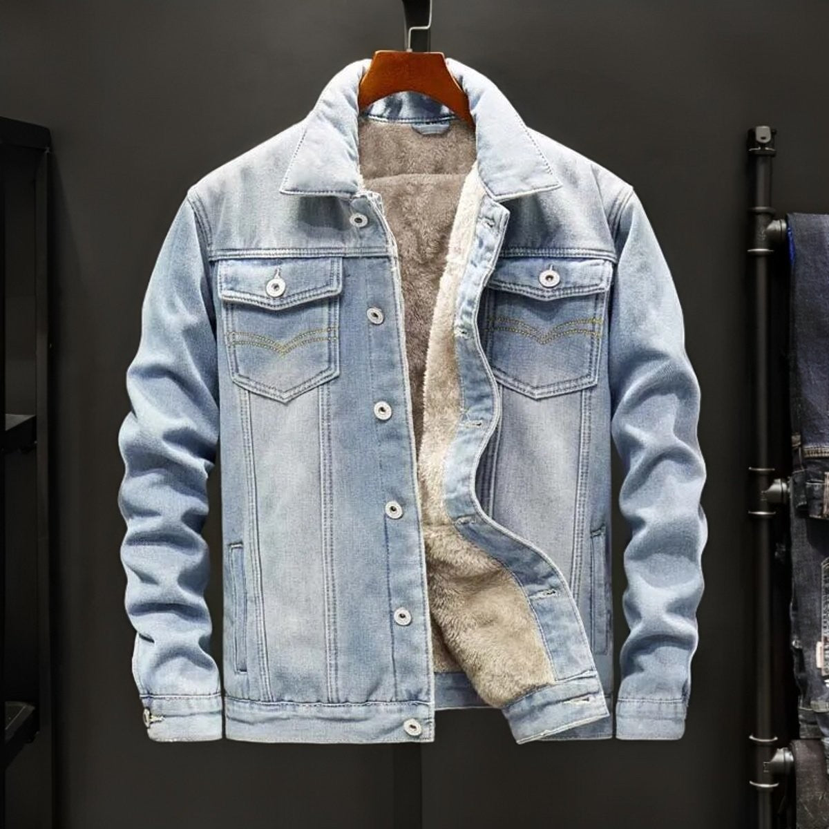 Light wash denim jacket with sherpa fleece lining and button chest pockets