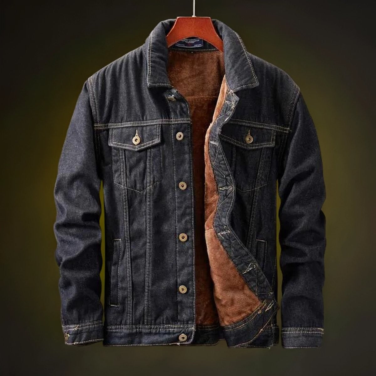 Black denim jacket with cosy brown fleece lining and dual flap pockets