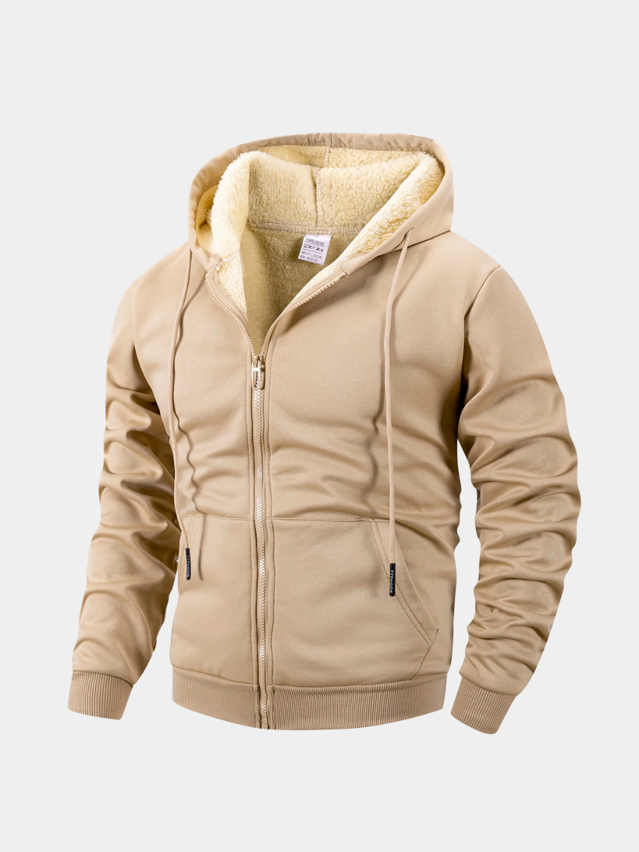 Camel fleece-lined zip-up hoodie with drawstring hood, front view