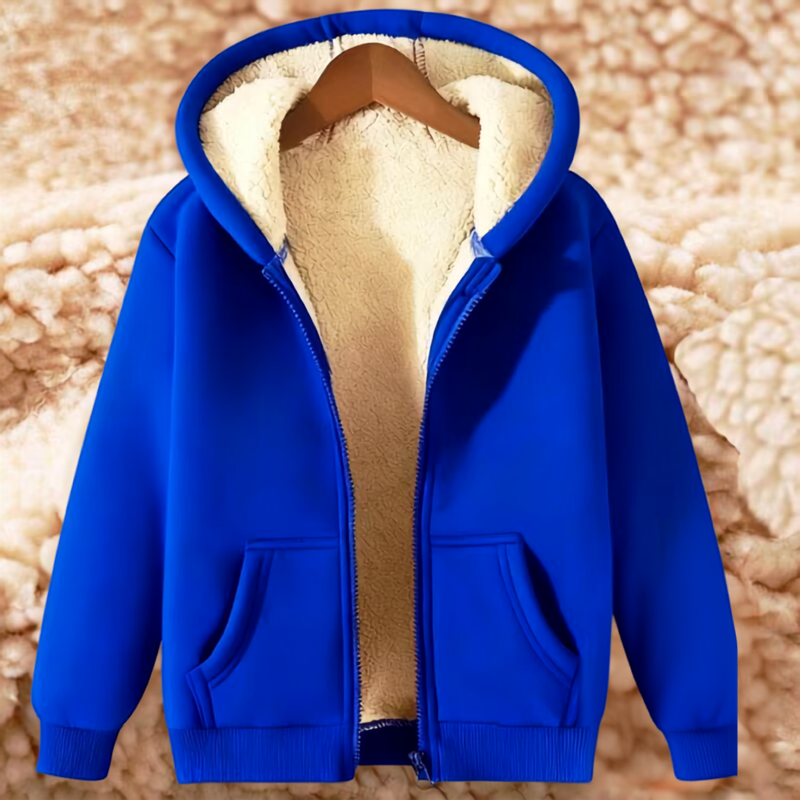 Royal blue zip-up hoodie with cream fleece-lined hood