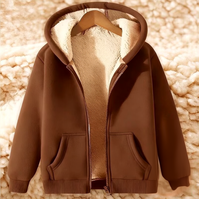 Chocolate brown zip-up hoodie with fluffy cream fleece lining