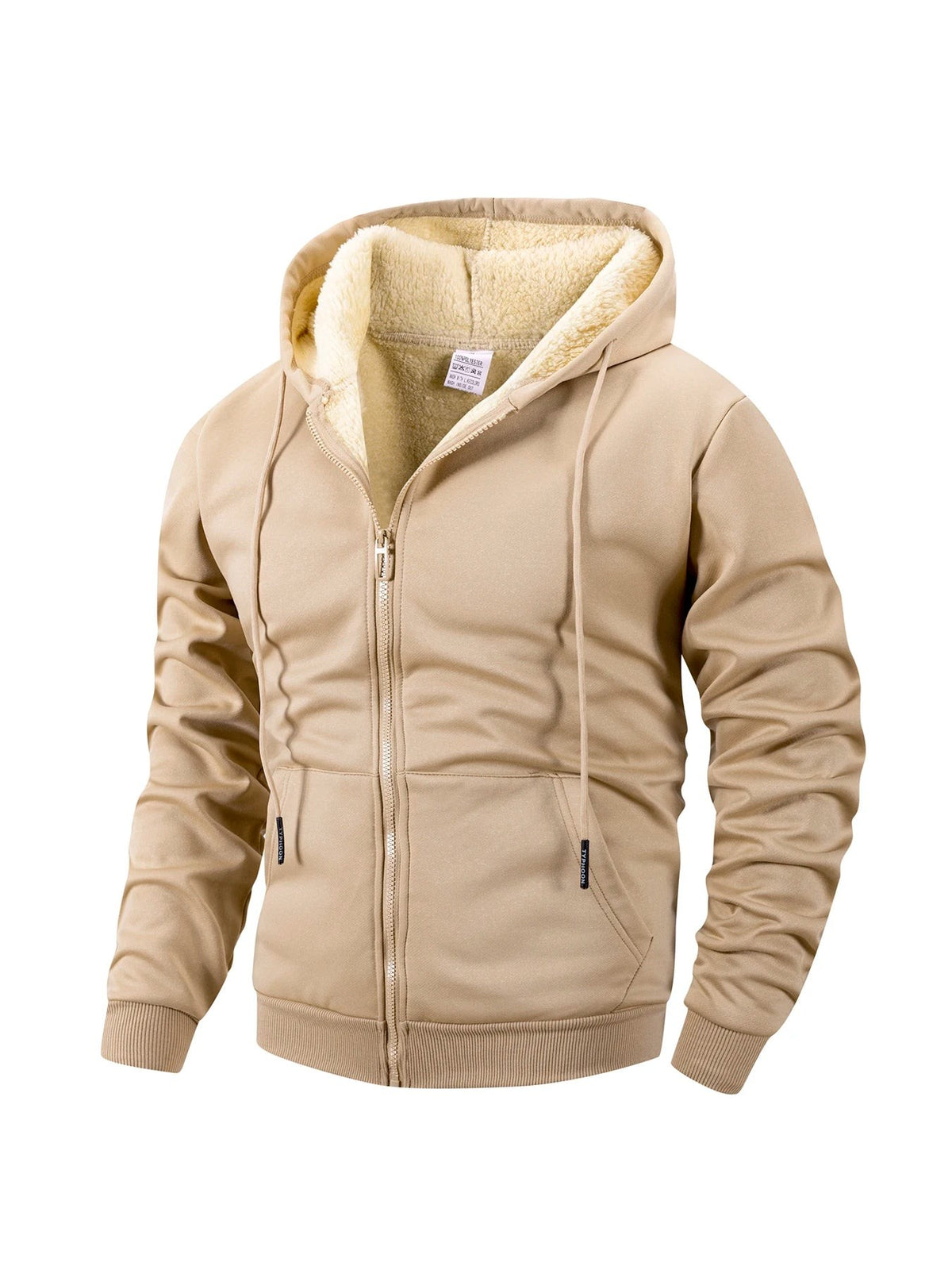Beige zip-through hoodie with sherpa lining and ribbed cuffs