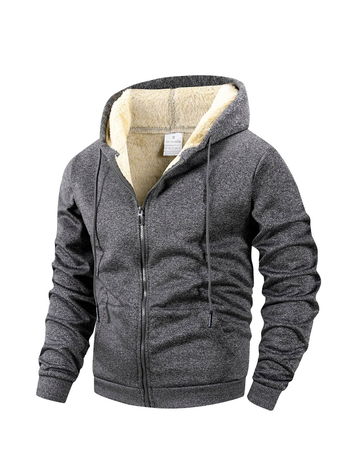 Charcoal grey zip-up hoodie with cream sherpa lining