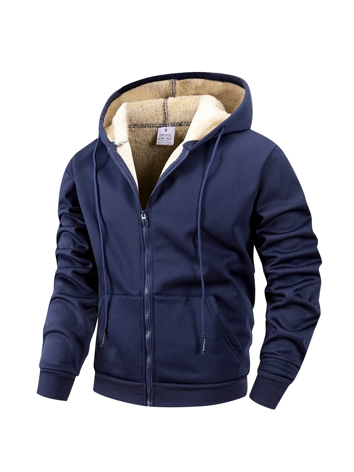 Navy zip-through hoodie with fleece-lined hood and drawstrings