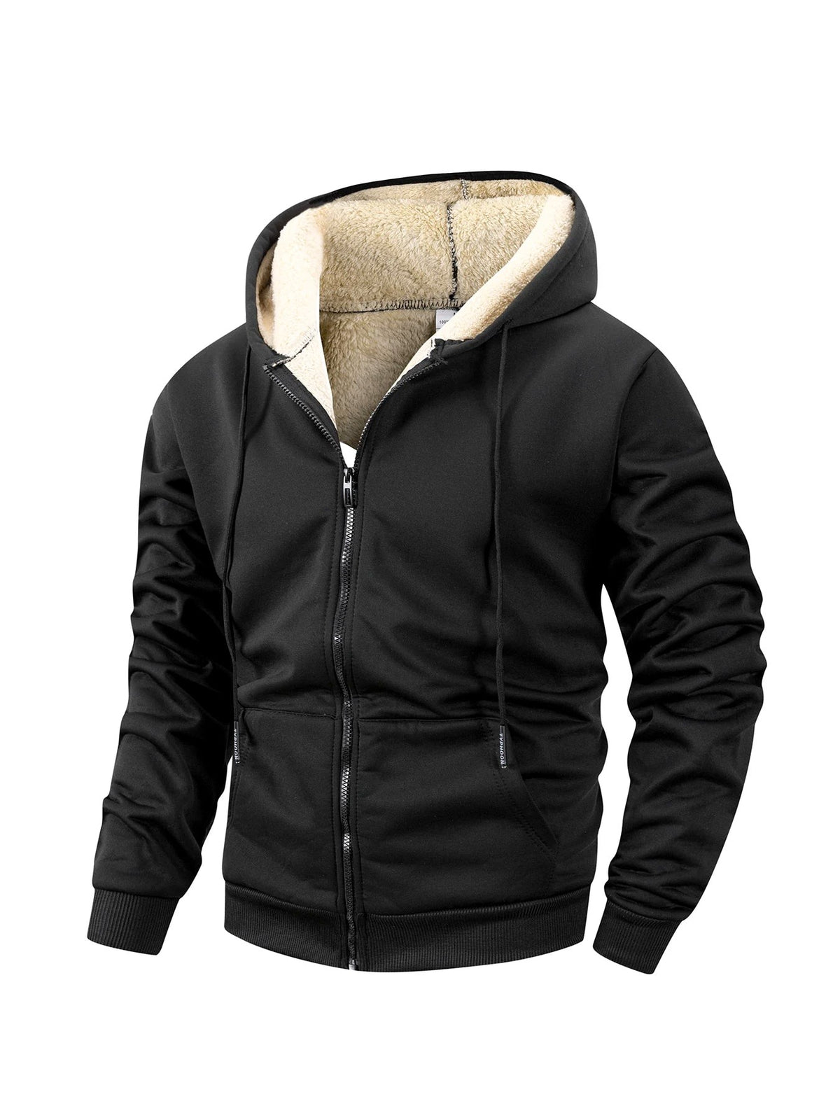 Black fleece-lined zip-up hoodie with ribbed hem and cuffs