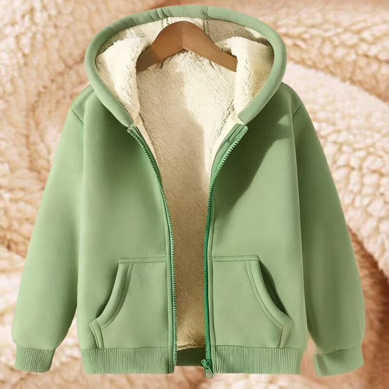 Sage green zip-up hoodie with cosy sherpa lining, kids' style
