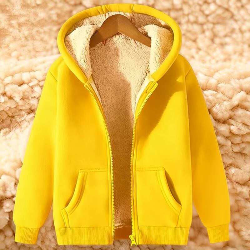 Yellow zip-through hoodie with fluffy cream fleece lining