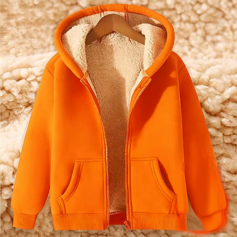 Bright orange zip-up hoodie with sherpa-lined hood, kangaroo pockets