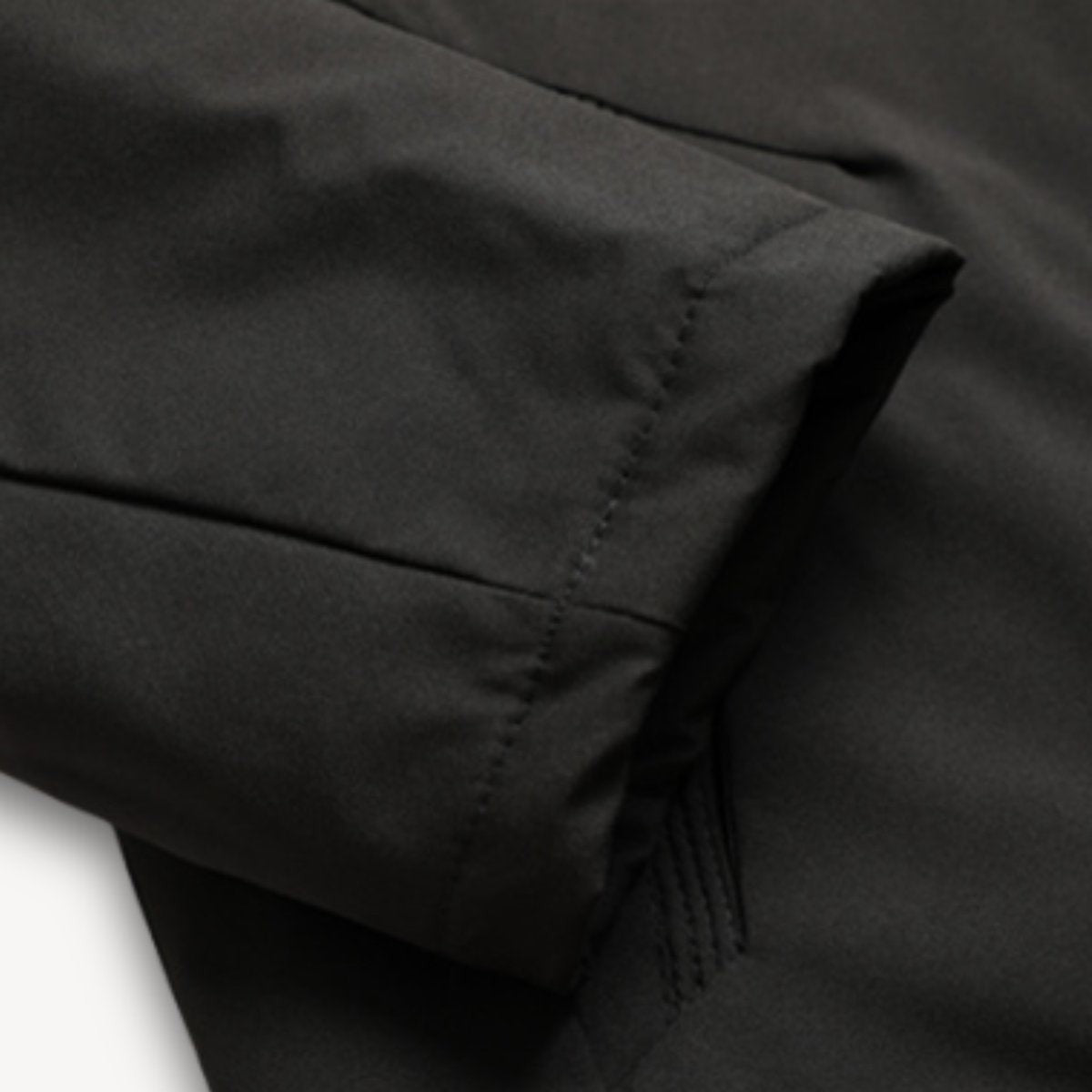 Close-up of jacket cuff showing adjustable stitched sleeve fastening
