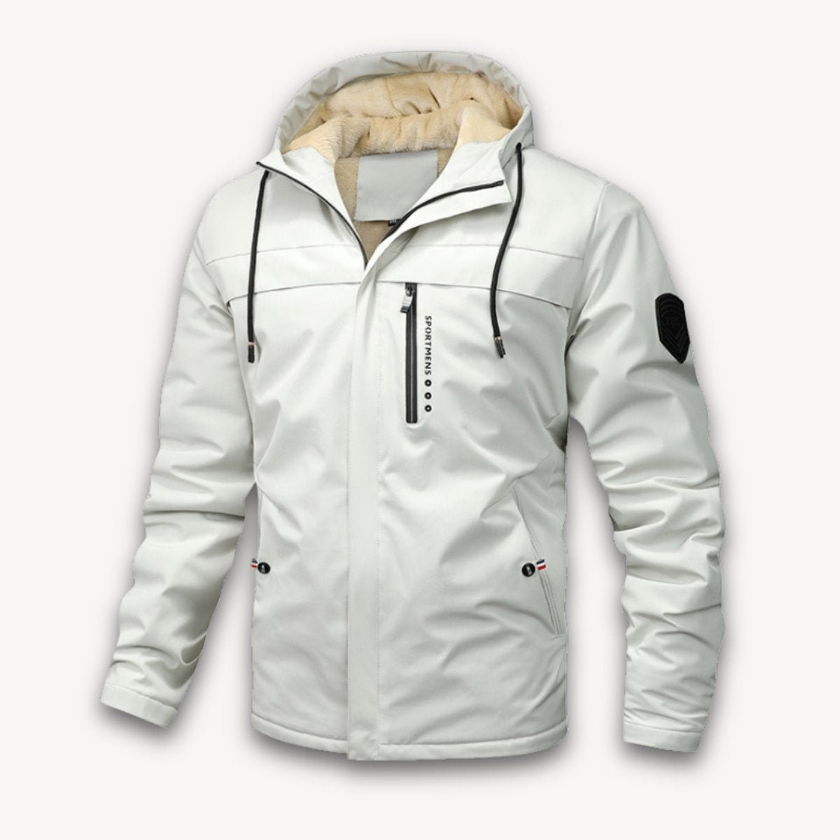 Off-white hooded jacket with fleece lining and adjustable drawstring hood
