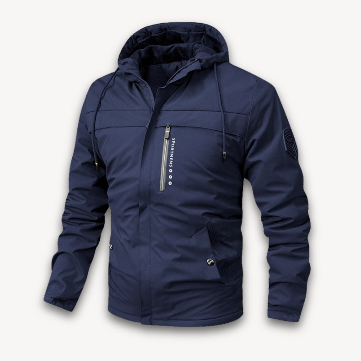 Navy blue hooded jacket with zip chest pocket and sleeve badge
