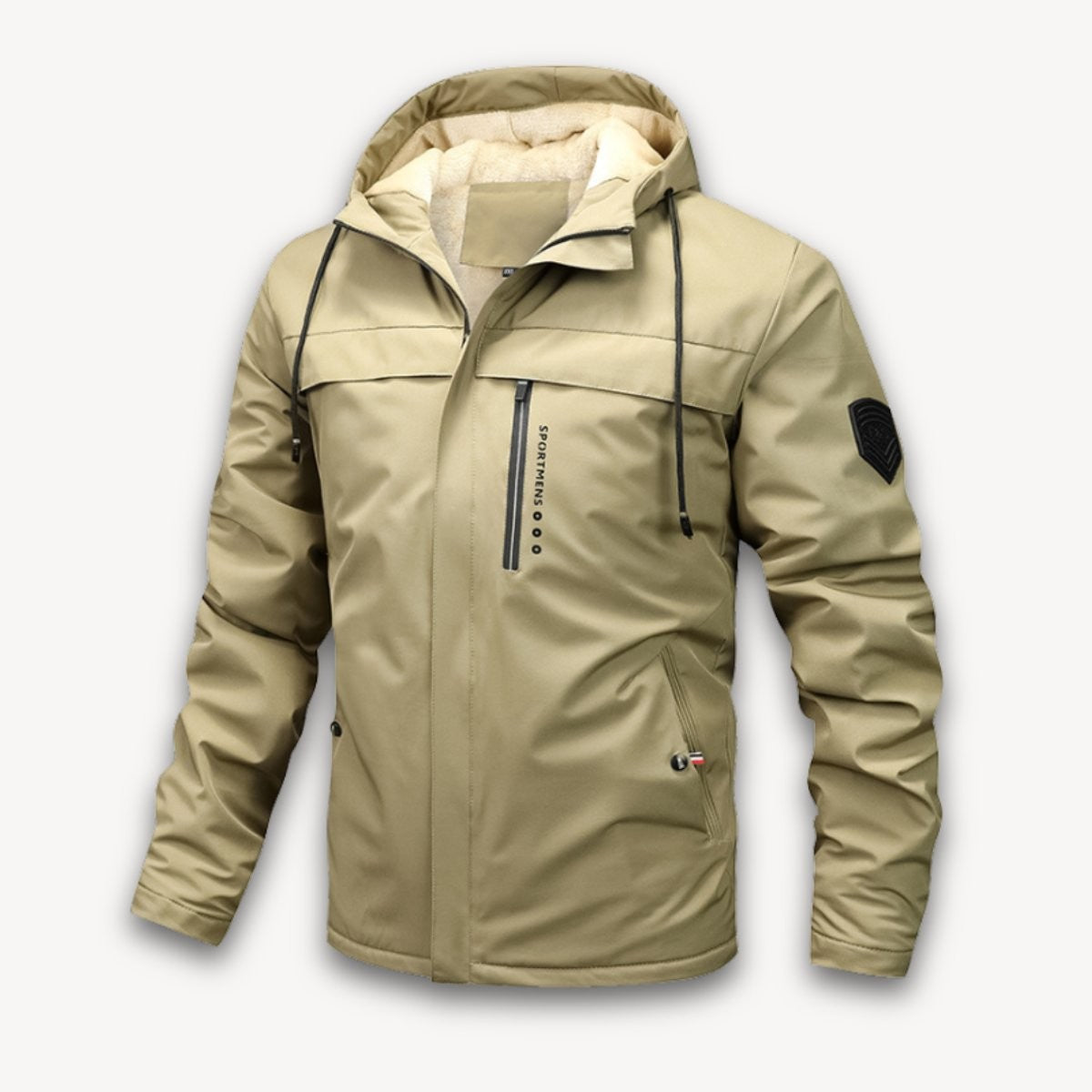 Khaki hooded jacket featuring fleece-lined hood and drawstring fastening