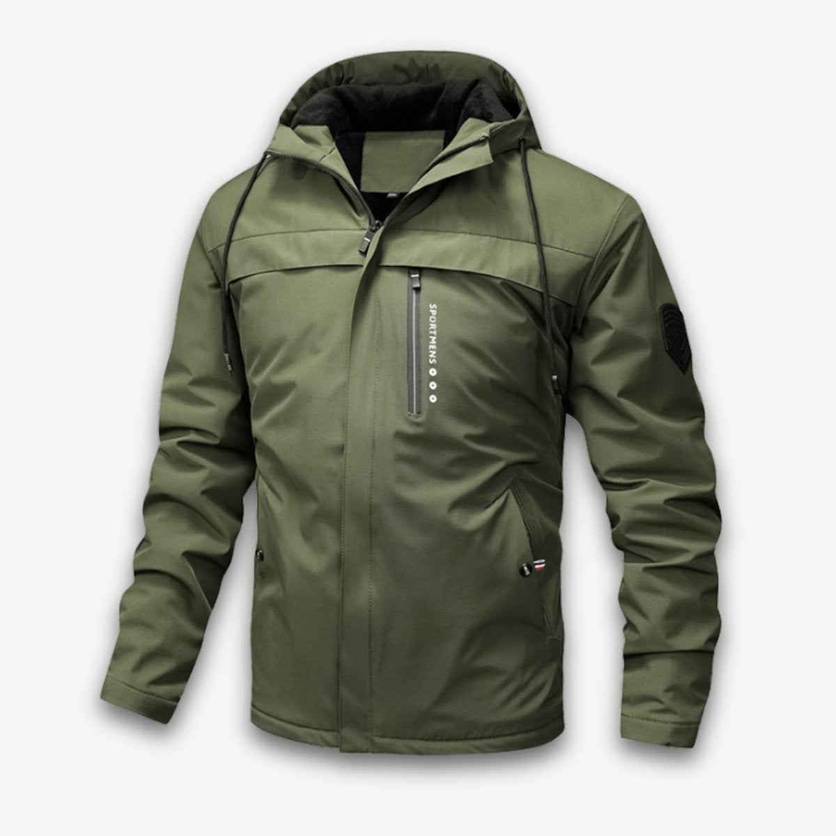 Olive green waterproof jacket with hood and branded zip pocket