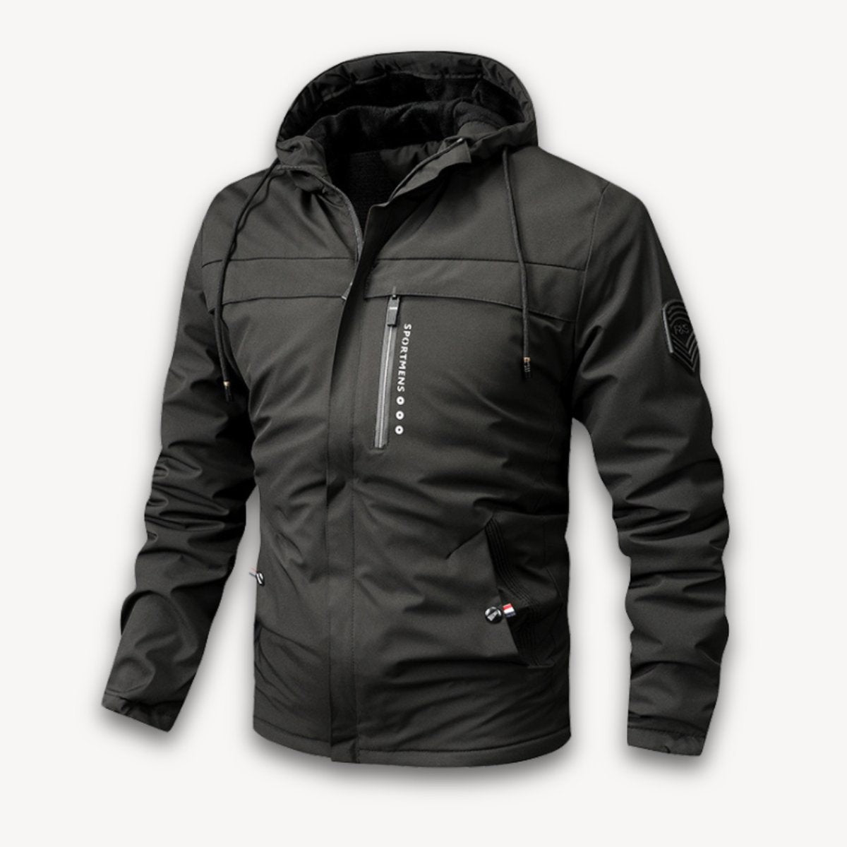 Dark grey hooded jacket displayed with drawstring hood and zip detailing