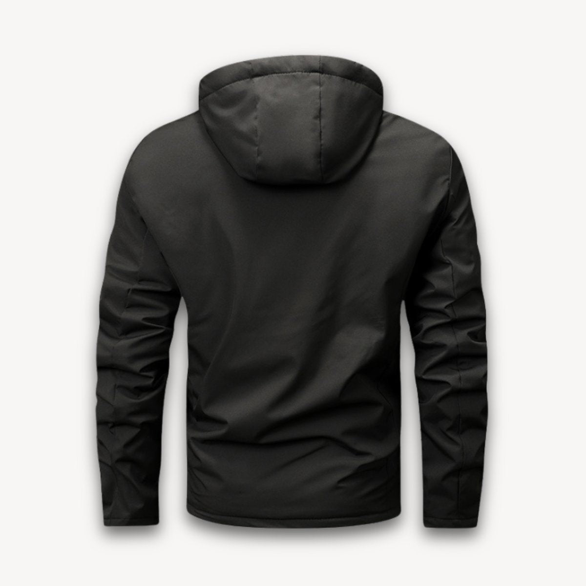 Rear view of black hooded jacket showing fleece-lined hood