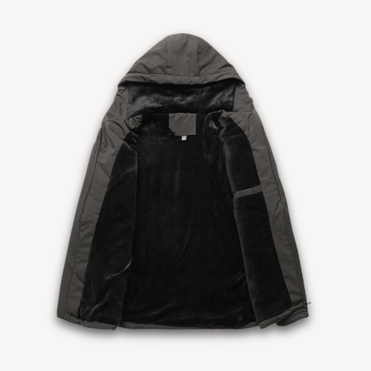 Grey jacket opened flat revealing soft black fleece interior lining