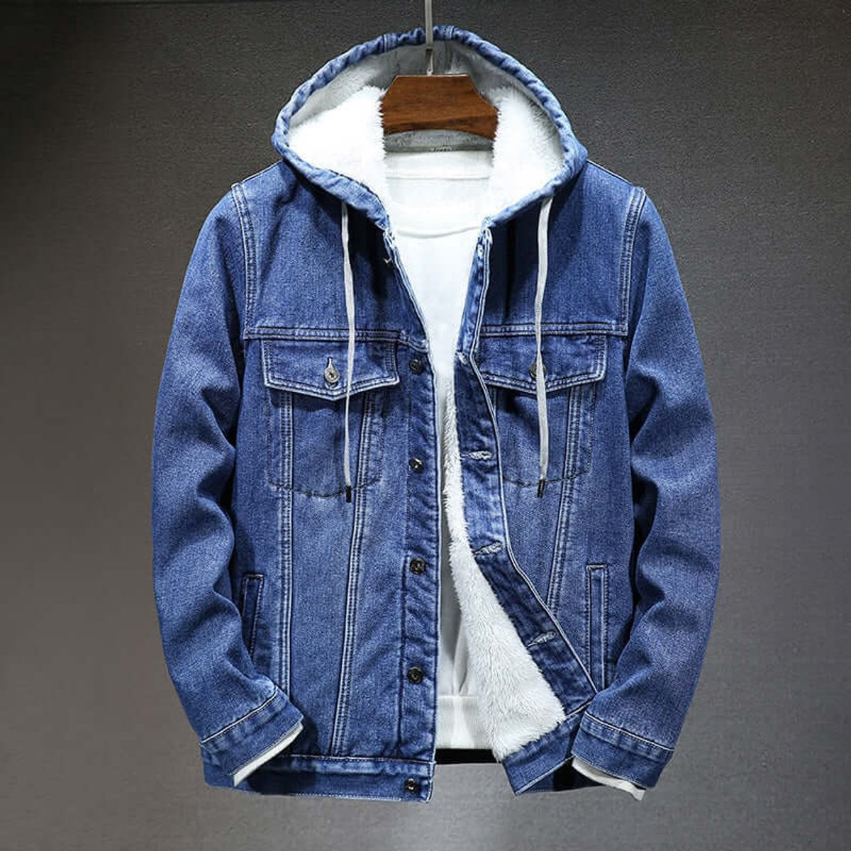Blue denim hooded jacket with white fleece lining and drawstring hood