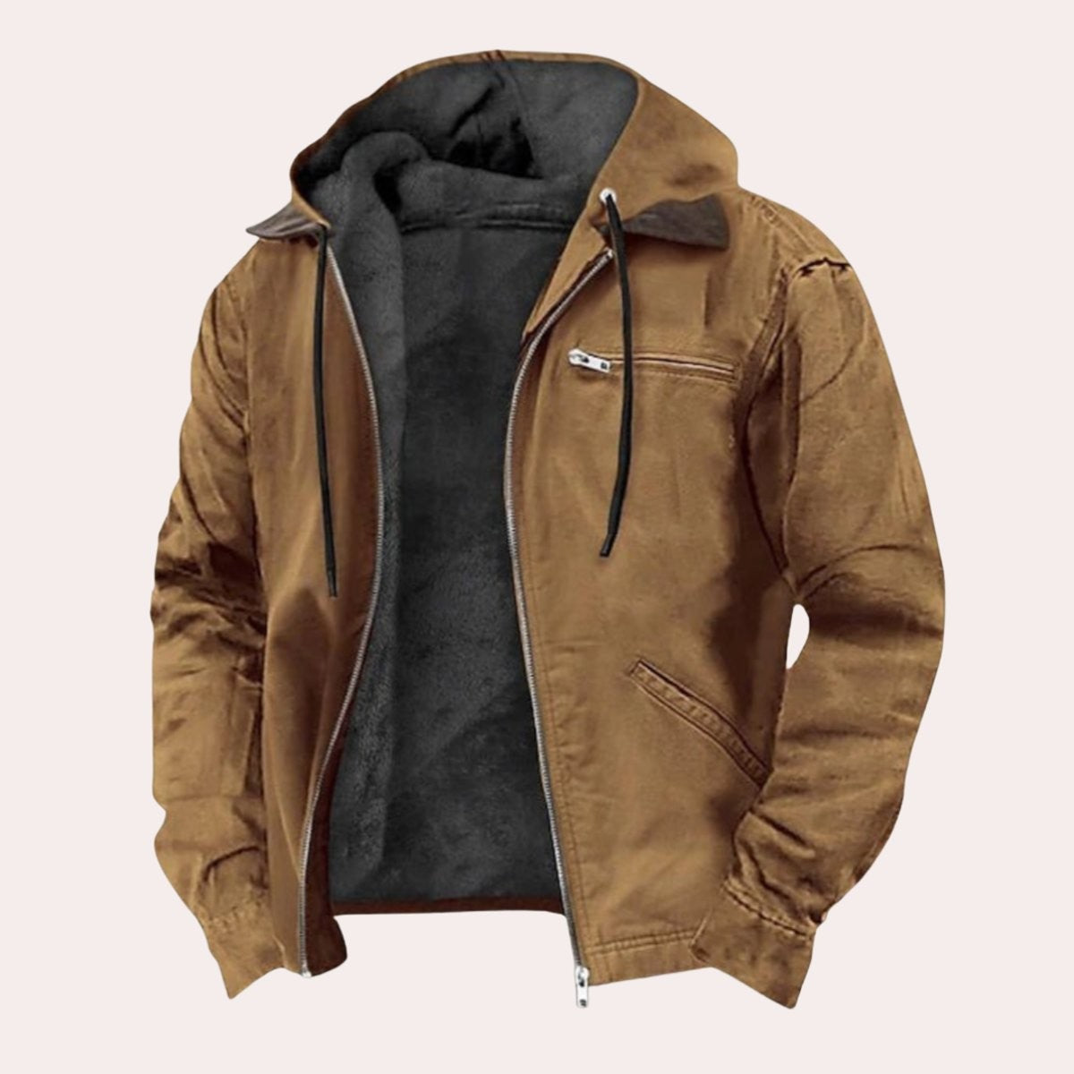 Tan hooded canvas jacket with fleece lining and zip-up front