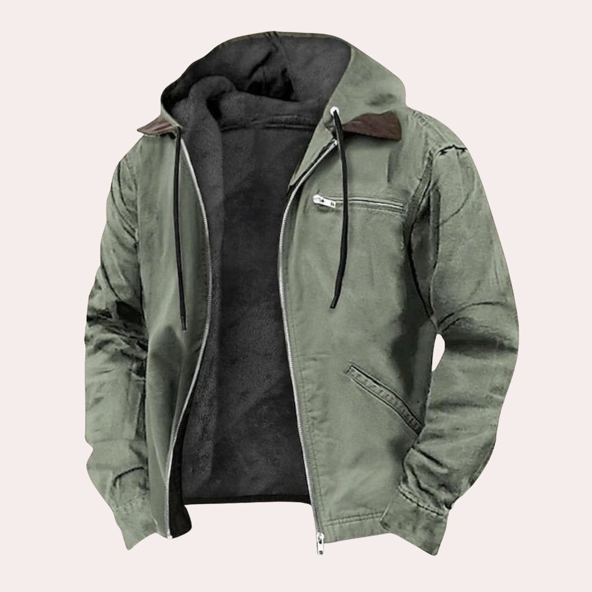 Sage green hooded canvas jacket featuring fleece-lined interior and zip pockets