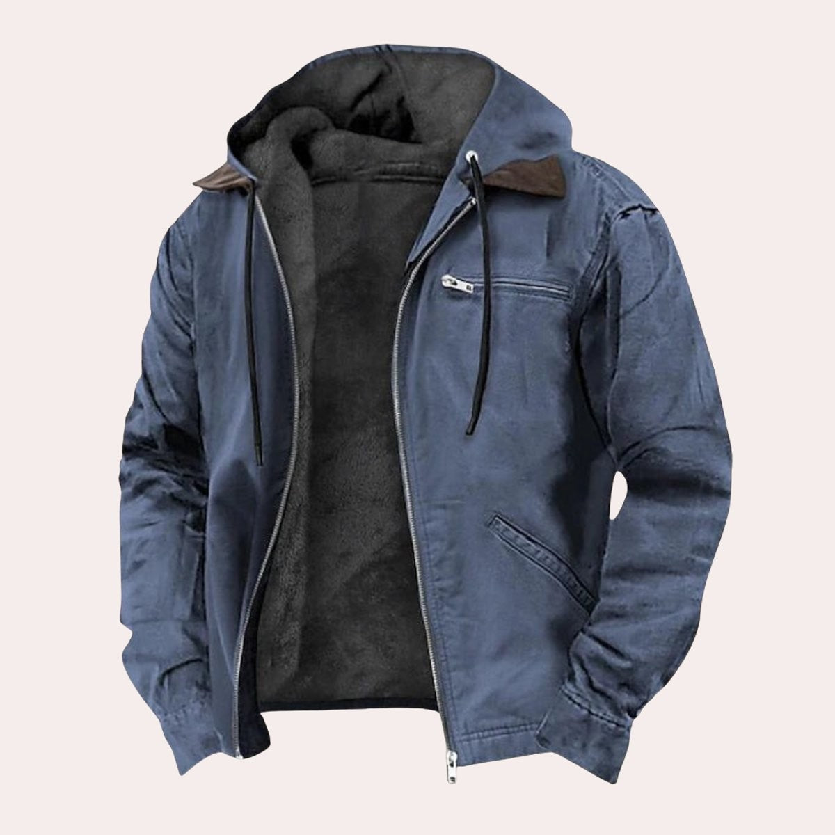 Denim blue hooded canvas jacket with soft fleece lining unzipped