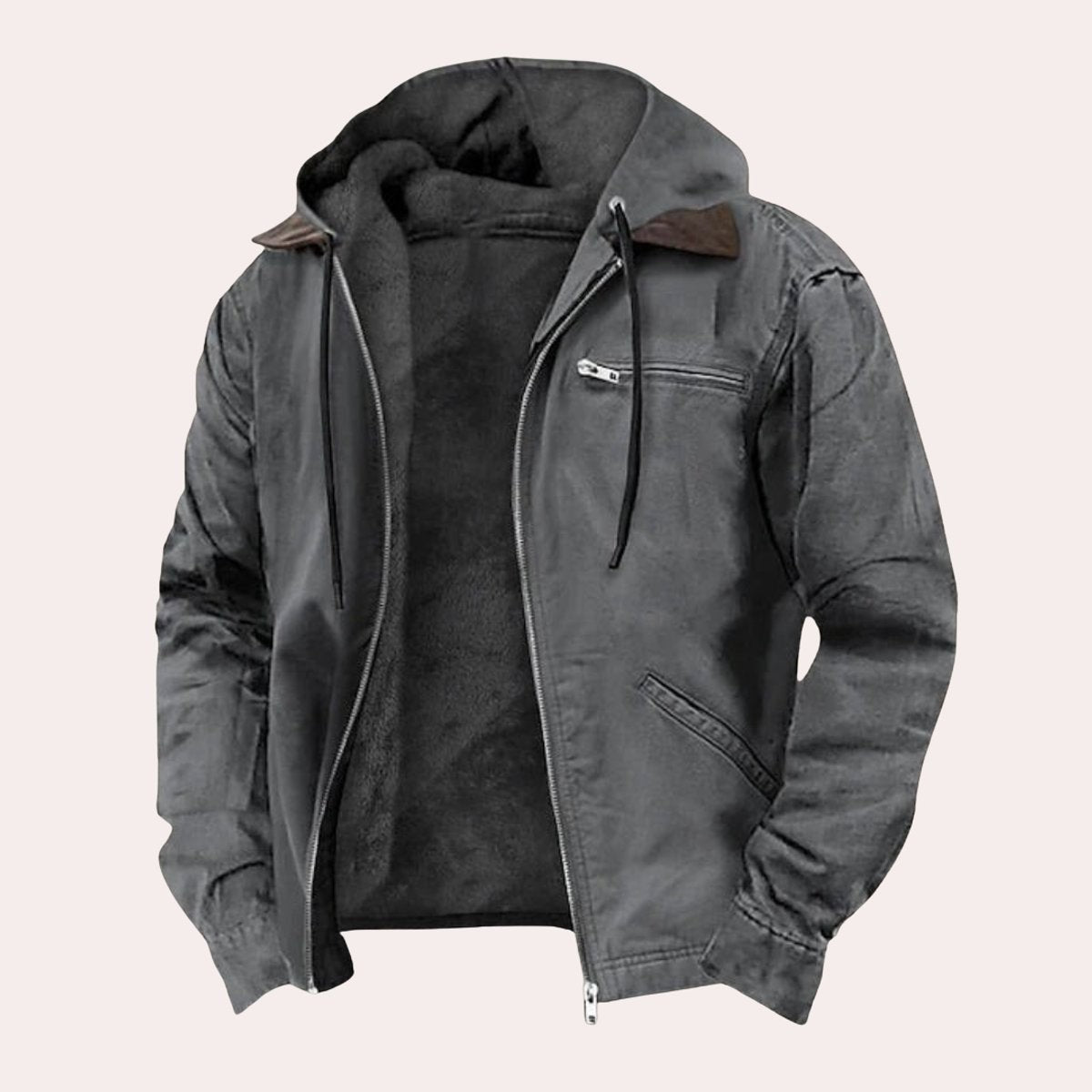 Charcoal grey hooded canvas jacket showing fleece lining and drawstring hood